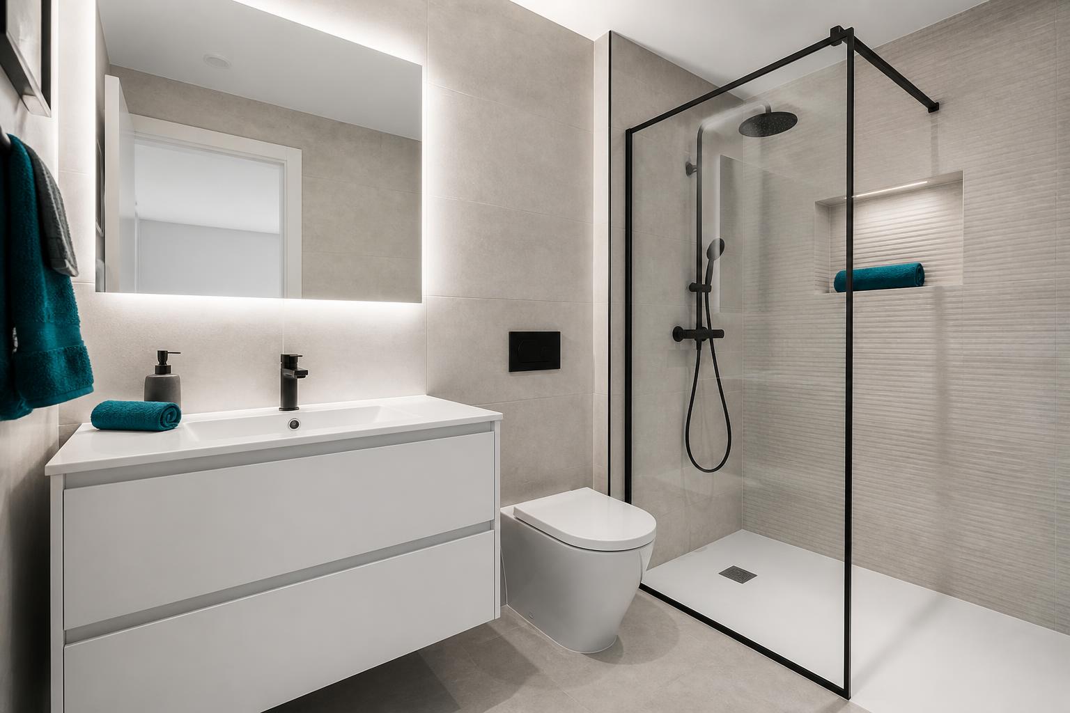Badrum med walk-in-dusch och svarta detaljer