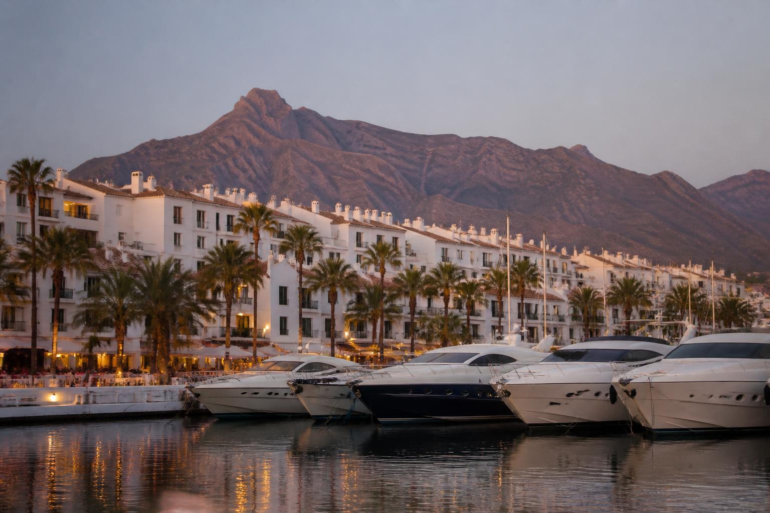 Hamnen i Puerto Banús i kvällsljus