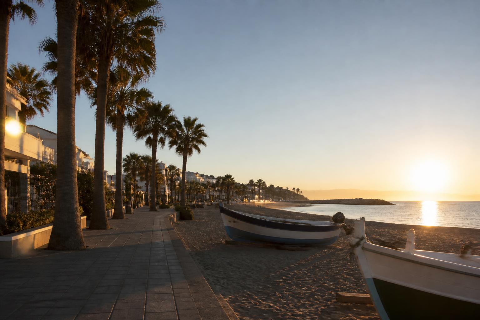 Strandpromenaden i Estepona i solnedgång